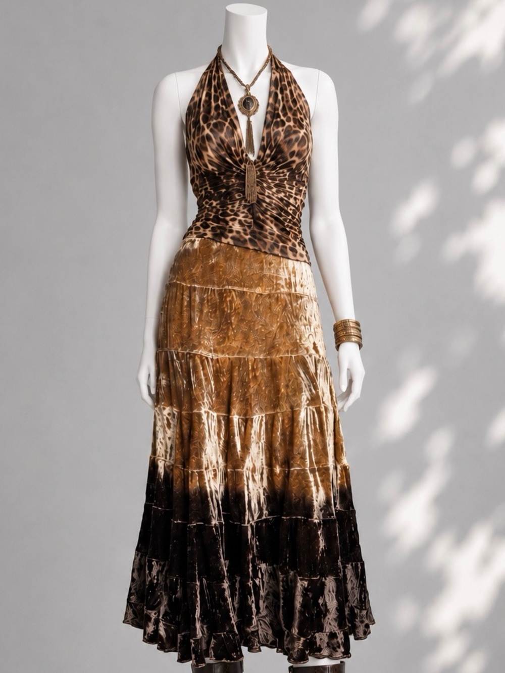 Marciano Velvet Midi Skirt Gold Brown Ombre Tiered Boho Whimsigoth Festival XS